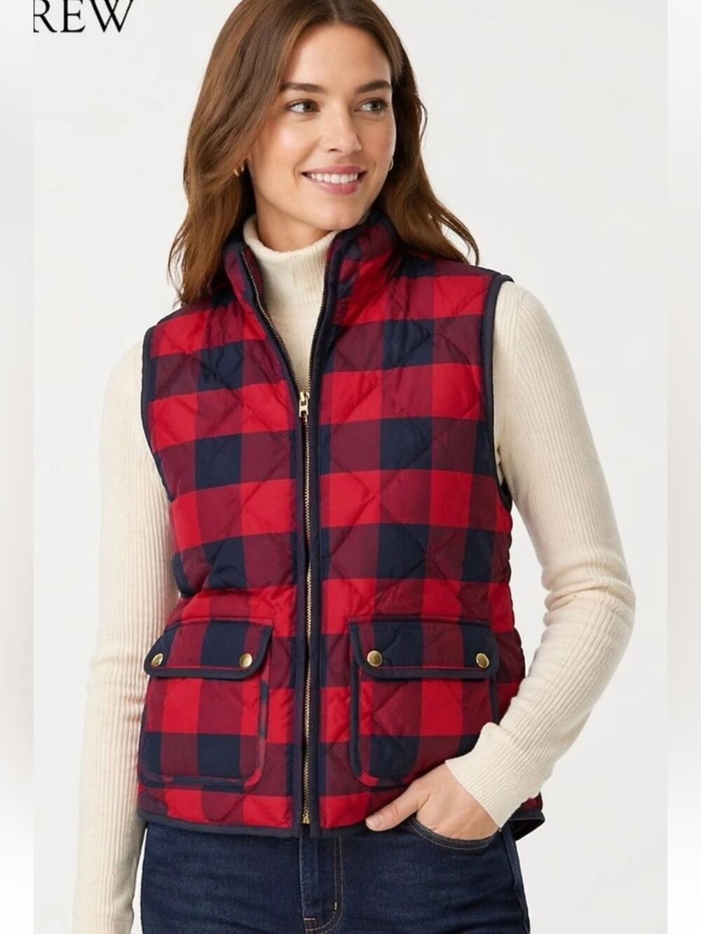 J. Crew Red & Navy Buffalo Plaid Down Fill Puffer Vest Gold Hardware XXSP
